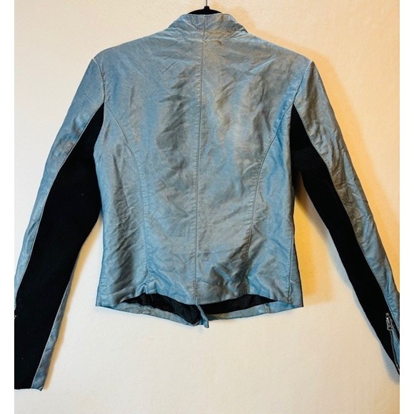 Buffalo David Bitton Baby Blue Faux Leather Jacket Coat Womens XS Elastic Sleeve - Picture 4 of 10